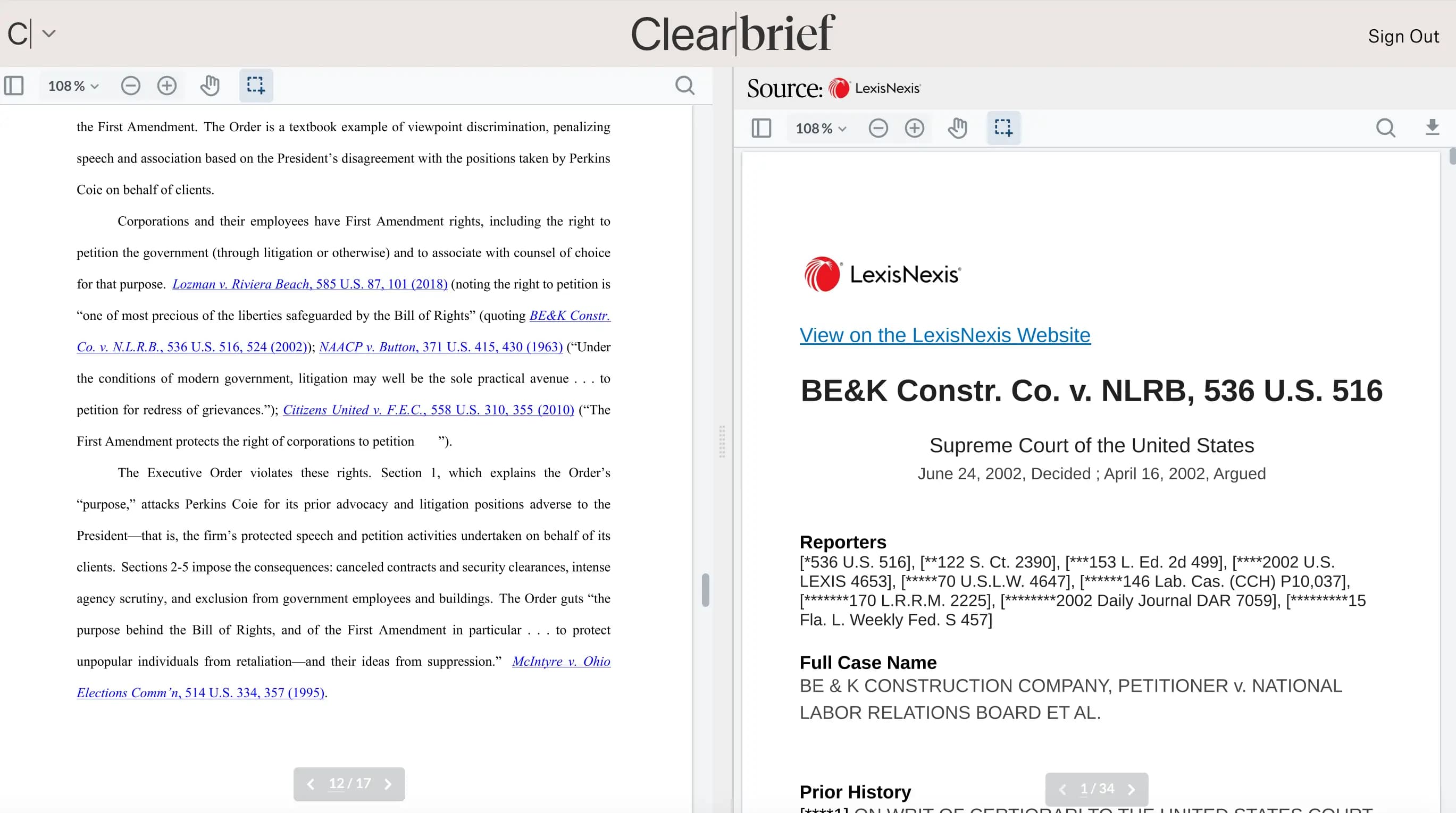 Clearbrief shared document with a source from LexisNexus