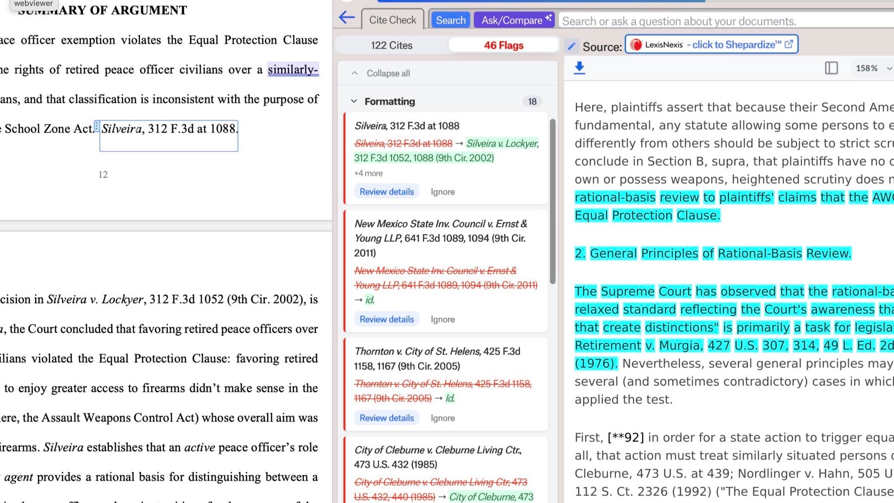 Microsoft Word with the Clearbrief task pane open. A case citation in the brief is matched to the opinion it cites, displayed from LexisNexis in the Clearbrief panel.